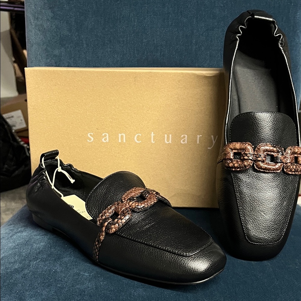 Sanctuary Black Loafers with Tan Chain Accent